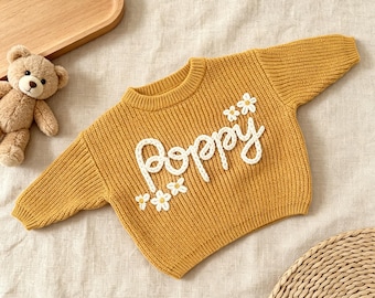 Custom Embroidered Baby Name Sweater, Personalized Knit Sweater, Knitted Newborn Sweater, Baby Coming Home Outfit, First Christmas Gift