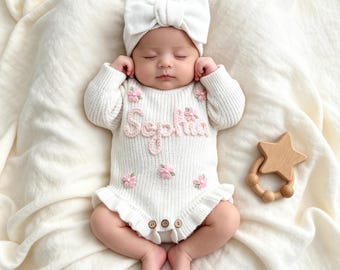 Hand Embroidered Name Baby Romper Set, Personalized Coming Home Outfit, Organic Cotton Knit Baby Girl Romper, New Born Gift,Baby Shower Gift