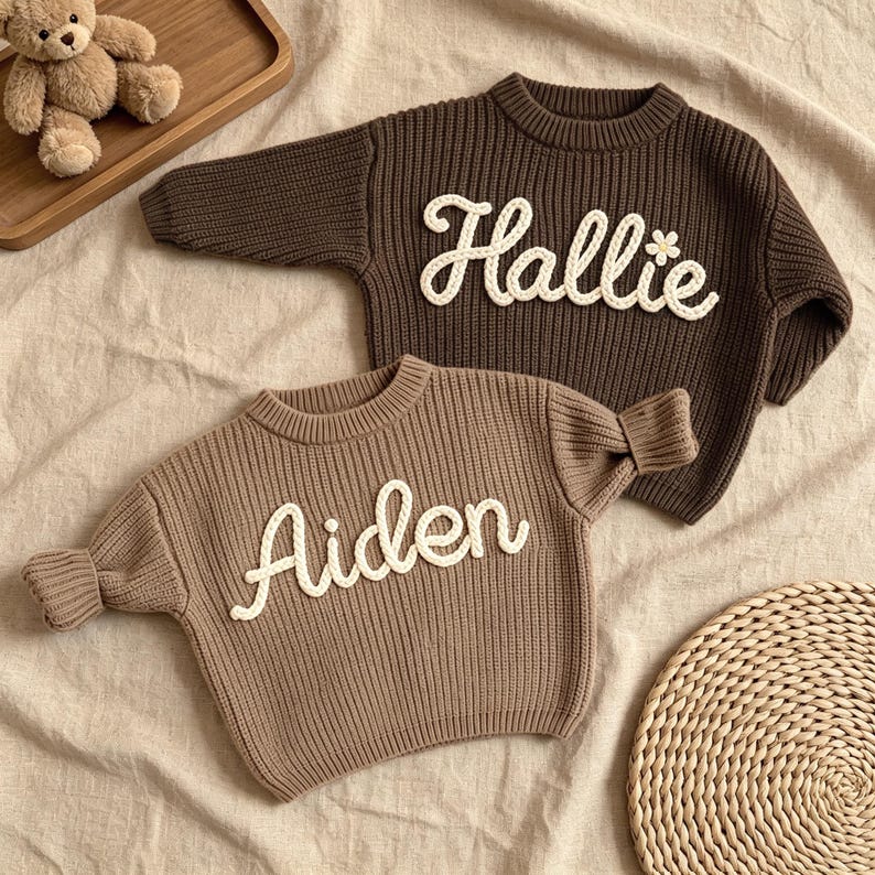 Hand Embroidered Baby Name Sweater, Personalized Baby Sweater with Name, Custom Knit Newborn Crewneck Sweater, Crochet Knitted Baby Jumper image 8
