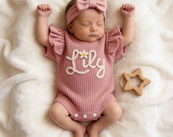 Embroidered Name Baby Girl‘s Ruffle Romper,Personalized Frilly Romper,Custom Babygirl Onesie,Knit Romper Toddler,Short Sleeve Newborn Romper