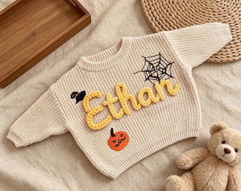 Personalized Halloween Baby Sweater, Custom Name Knit Toddler Jumper, Ghost Baby Outfit, Newborn Pumpkin Sweater, First Halloween Outfits