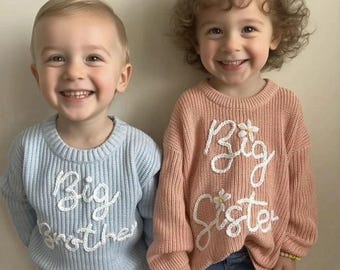 Custom Name Sweater,Hand Embroidered Big Sibling Sweaters,Personalized Toddler Sweater,Baby Announcement- big sis big bro lit sis lit bro