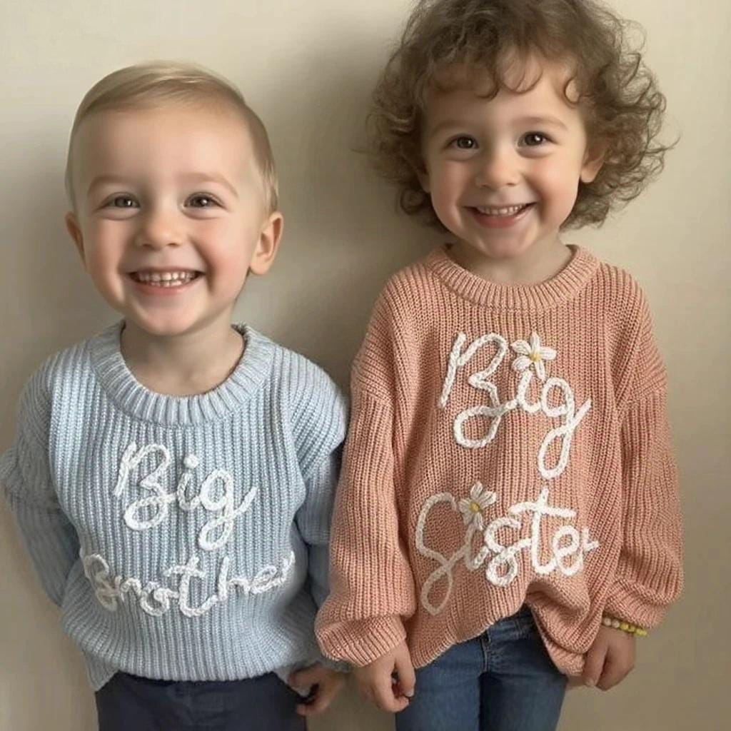 Custom Name Sweater,Hand Embroidered Big Sibling Sweaters,Personalized Toddler Sweater,Baby Announcement- big sis big bro lit sis lit bro