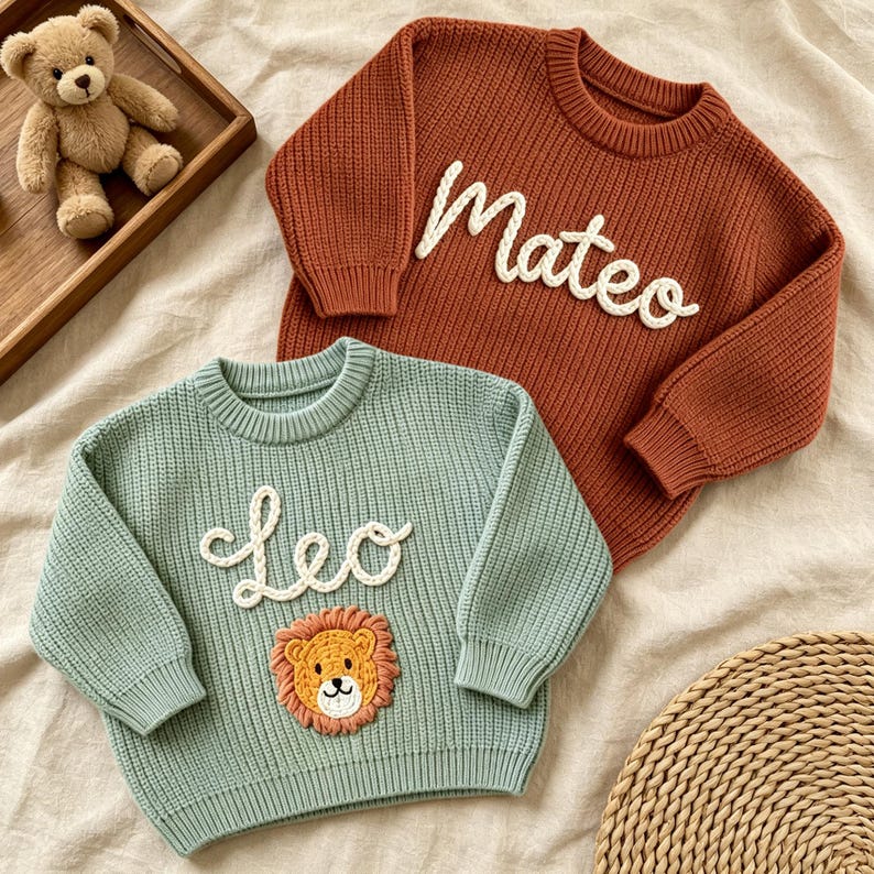 May include: A rust-colored knit sweater with the name Mateo embroidered in white script and a sage green knit sweater featuring the name Leo in white script above a small, embroidered lion face with a textured orange mane.