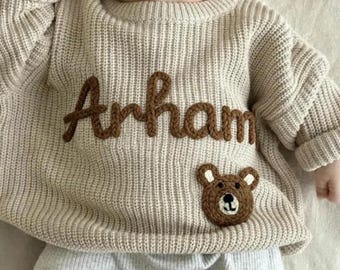 Custom Baby Sweater Embroidered, Bear Baby Sweater, Knit Sweater Toddler, Personalized Kids Clothes, Baby Shower Gifts, 1st Birthday Gift