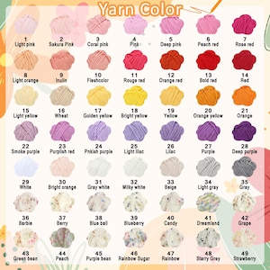 May include: A color chart titled Yarn Color displaying 49 small, flower-shaped bundles of yarn arranged in a grid. Each bundle is numbered 1 through 49 with a corresponding color name printed below it, ranging from solid pastels to vibrant hues and speckled patterns.