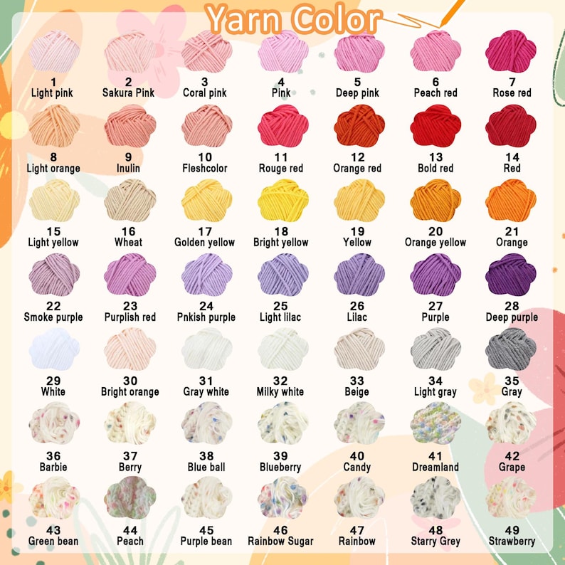 May include: A color chart titled Yarn Color displaying 49 small, flower-shaped bundles of yarn arranged in a grid. Each bundle is numbered 1 through 49 with a corresponding color name printed below it, ranging from solid pastels to vibrant hues and speckled patterns.
