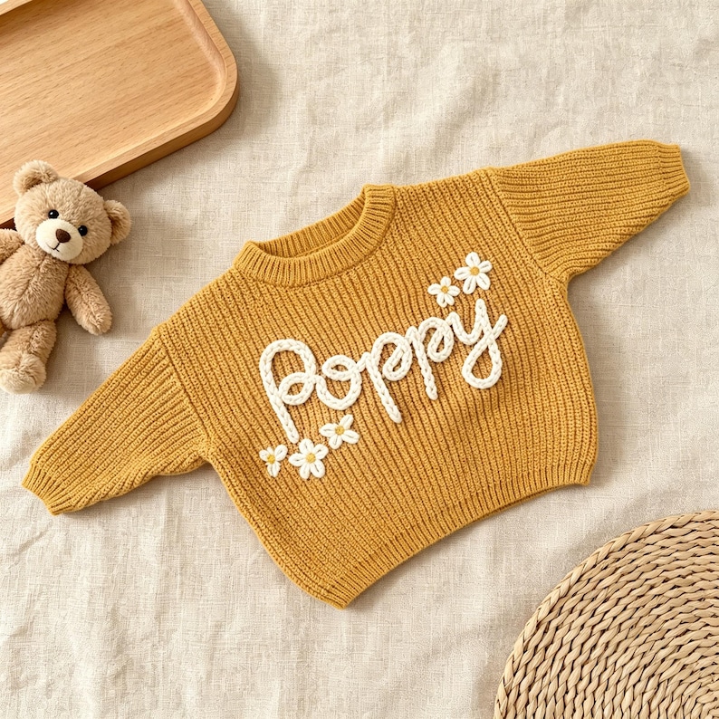 Hand Embroidered Baby Name Sweater, Personalized Baby Sweater with Name, Custom Knit Newborn Crewneck Sweater, Crochet Knitted Baby Jumper image 7