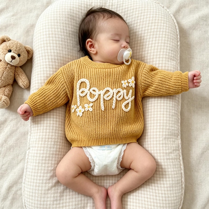 May include: A mustard yellow long-sleeve knit sweater featuring the white embroidered text Poppy and small white flower appliqu&eacute;s on the front. The sweater has a ribbed crew neckline, cuffs, and hem, providing a textured appearance for a baby.