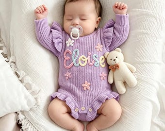 Personalized Baby Name Romper, Newborn Girl Coming Home Outfit, Toddler Knitted Ruffle Romper, Birth Announcement Frilly Romper, Baby Gifts