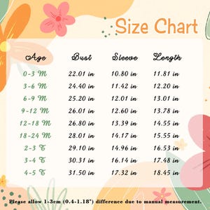 May include: A size chart for children's clothing featuring a floral background with orange, pink, and green accents. The table lists age ranges from 0-3 months to 4-5 years with corresponding bust, sleeve, and length measurements in inches.