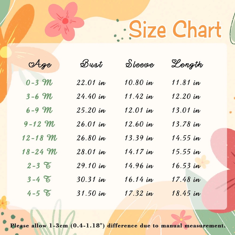 May include: A size chart for children's clothing featuring a floral background with orange, pink, and green accents. The table lists age ranges from 0-3 months to 4-5 years with corresponding bust, sleeve, and length measurements in inches.