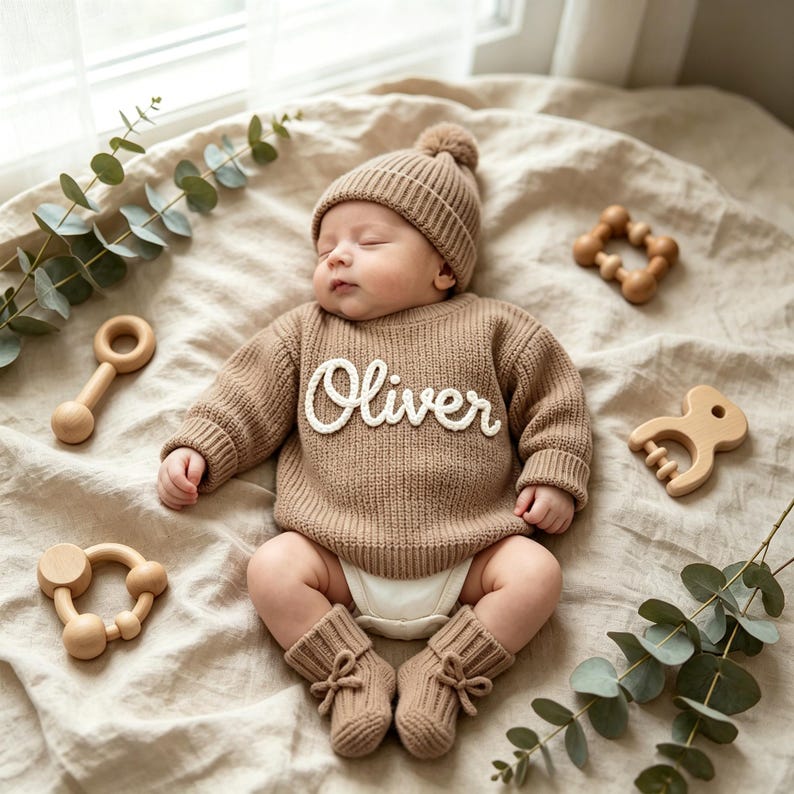 May include: A beige knitted long-sleeve sweater with the name Oliver embroidered in white script on the chest, paired with a matching beanie, ribbed booties with small bows, and a white diaper cover, surrounded by wooden baby rattles.