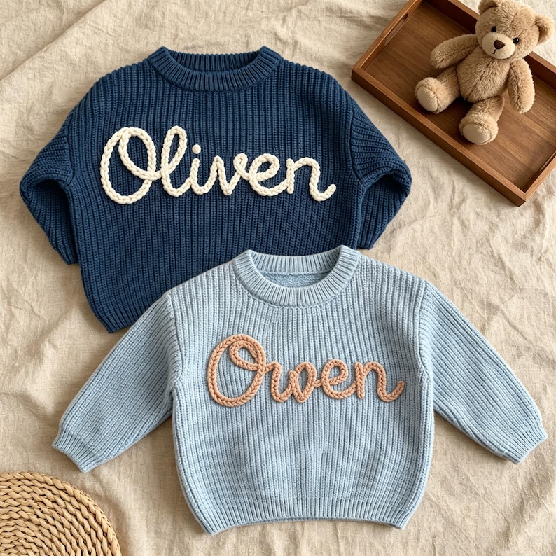 May include: A dark blue long-sleeve sweater with the white text "Oliven" in a raised knit script and a light blue long-sleeve sweater with the peach text "Owen" in a raised knit script, both featuring a ribbed crew neck and knit texture.