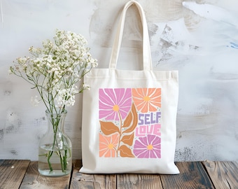 Self Love Floral Cotton Canvas Tote Bag, Eco-Friendly Shopping Bag, Gift for Her, Reusable Beach Bag, Everyday Carryall