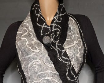 Reversible Black White Felted Wrap with Pin
