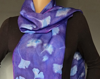 Cobalt and Purple Gingko Silk Sunprinted Scarf 16x72 inches