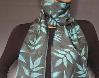 Silk Sunprinted Scarf Black Turquoise  8x72 inches