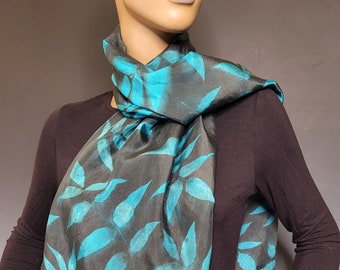 Black and Teal Silk Sunprinted Scarf 14x72 inches