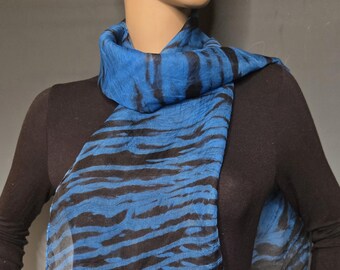Blue and Black Arashi Shibori Silk Organza Scarf