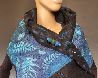Reversible Blue Black Felted Wrap with Pin