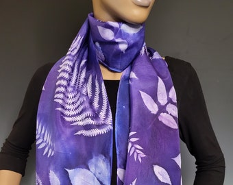 Silk Sunprinted Scarf 14x72 inches Purple and Blue