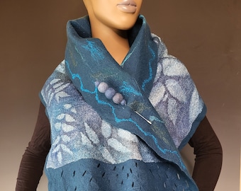 Reversible Blue Teal Felted Wrap with Pin