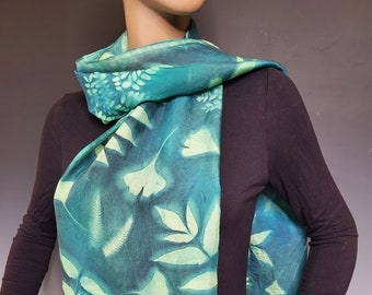 Green and Chartreuse Silk Sunprinted Scarf 14x72 inches