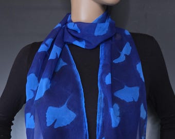 Cobalt Blue Silk Chiffon Sunprinted Scarf Ginkgo