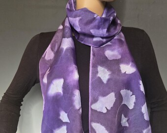 Silk Sunprinted Scarf Purple Ginkgos 8x72 inches