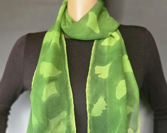 Green Silk Chiffon Sunprinted Scarf Ginkgo