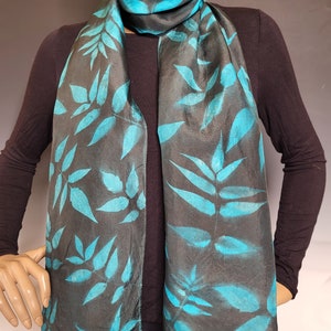 Black and Teal Silk Sunprinted Scarf 14x72 inches image 3