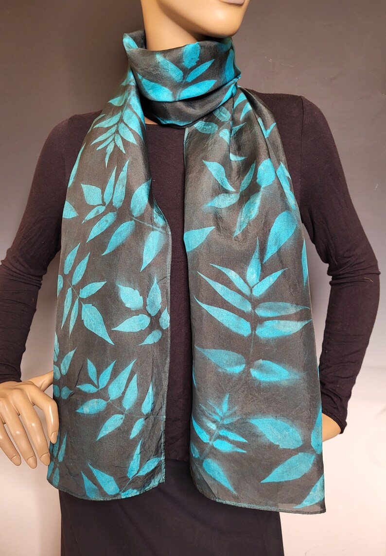 Black and Teal Silk Sunprinted Scarf 14x72 inches image 3