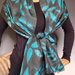 Black and Teal Silk Sunprinted Scarf 14x72 inches image 5