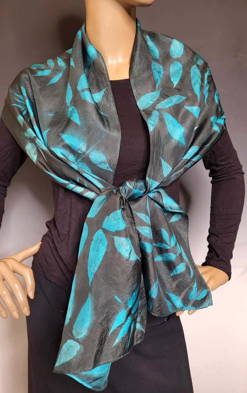 Black and Teal Silk Sunprinted Scarf 14x72 inches image 5