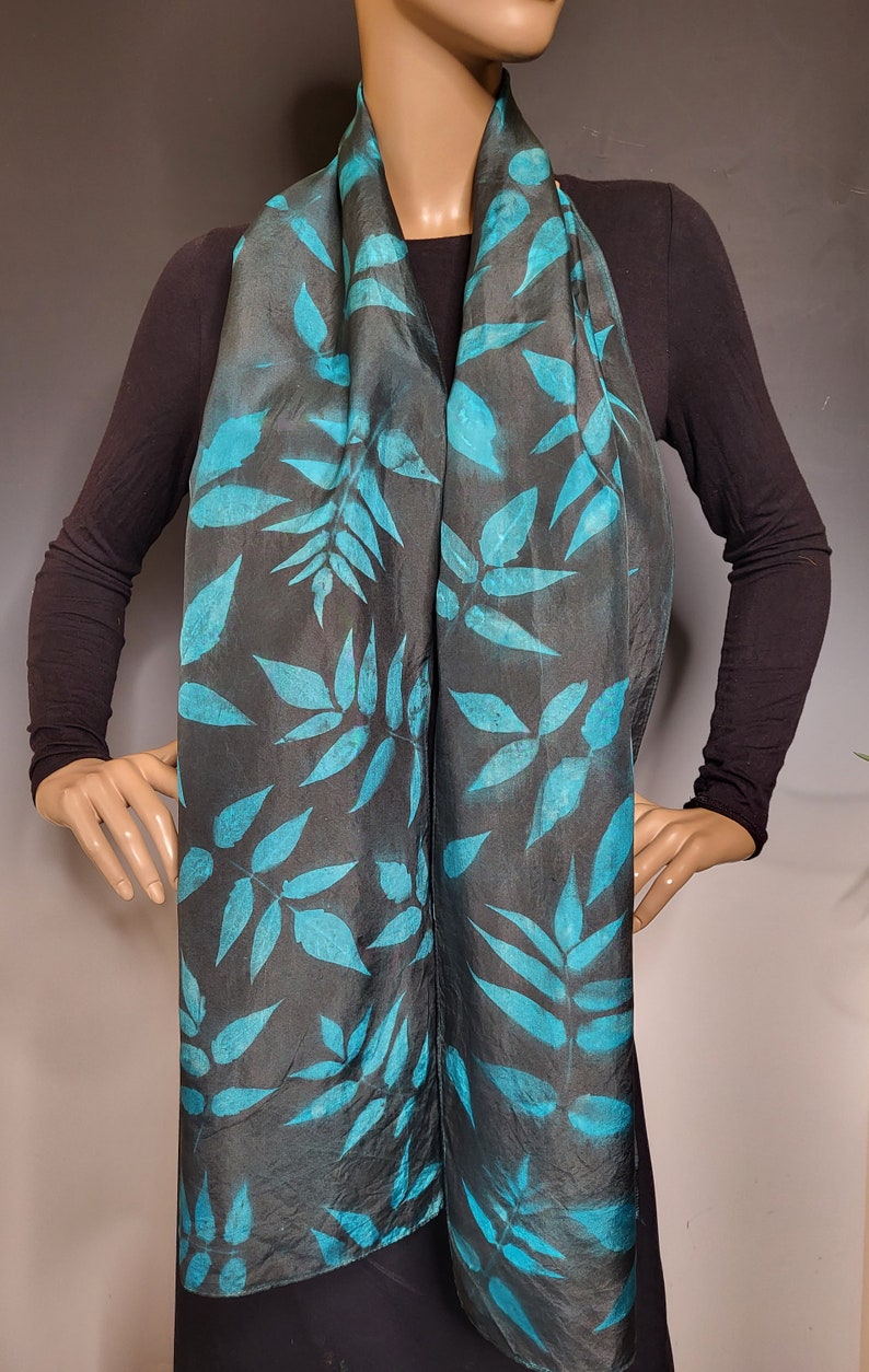 Black and Teal Silk Sunprinted Scarf 14x72 inches image 6