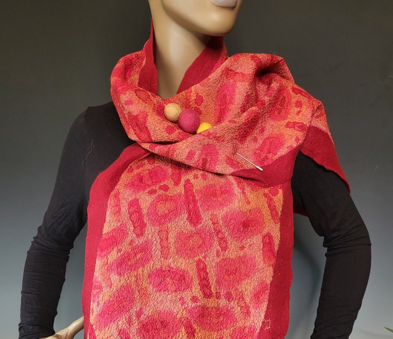 Reversible Red Orange Felted Wrap with Pin image 1