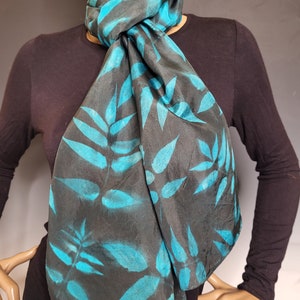 Black and Teal Silk Sunprinted Scarf 14x72 inches image 2