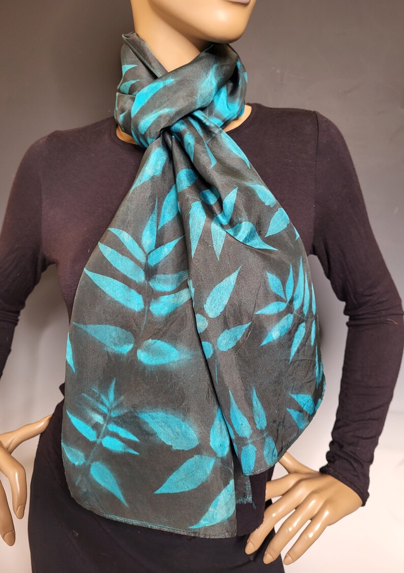 Black and Teal Silk Sunprinted Scarf 14x72 inches image 2