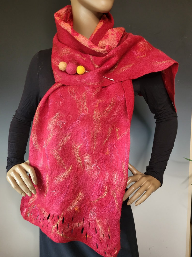 Reversible Red Orange Felted Wrap with Pin image 2