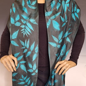 Black and Teal Silk Sunprinted Scarf 14x72 inches image 4