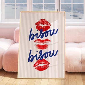 Bisou Print | French Poster | Fashion Wall Art | France Retro Kiss Print | Trendy Paris Print | Chic Red and Blue Wall Art Digital Download