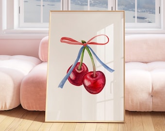 Cherry Wall Art | Trendy Wall Art | Preppy Room Decor | Girly Wall Art | 4th of July Printable Art | Summer Wall Art | Cherry and Bow Print