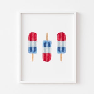 Popsicle Art rosso, bianco e blu / Decorazioni acquerellate per il 4 luglio / Decorazioni patriottiche / Arte stampabile per il 4 luglio / Graziosa decorazione murale estiva