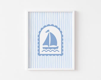 Blue Sailboat Print | Nautical Nursery Print | Coastal Wall Art for Nursery Decor | Kids Room Nautical Decor | Blue Nursery Digital Download