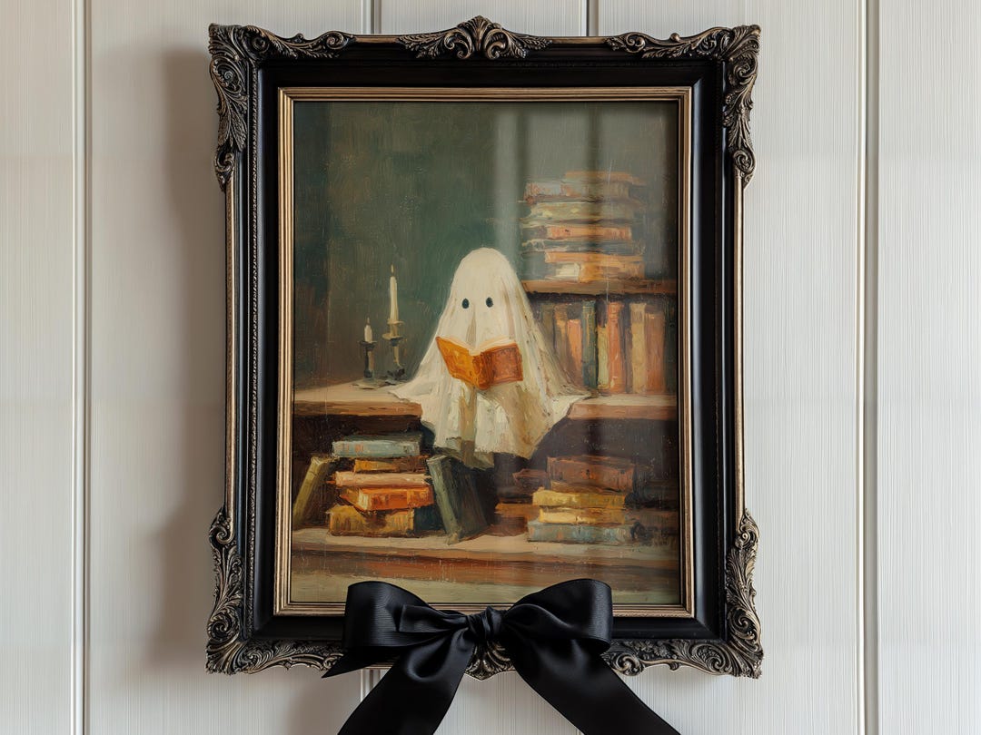Cute Ghost Reading Print | Printable Wall Art, Trendy Halloween Decor ...