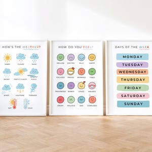 Conjunto de pôsteres educativos | Arte de parede para impressão infantil, decoração de sala de aula Montessori Boho para educação domiciliar, impressão digital de sentimentos, clima e dias da semana