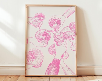 Roze cheers-print | Trendy decor barwagen, girly poster slaapzaal, kleurrijke afdrukbare muurkunst, schets retro esthetische keukencocktail