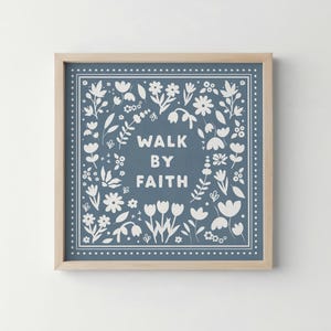 Walk By Faith Print | Christian Printable Square Wall Art, Blue Vintage Aesthetic, Scripture Bible Verse, Religious Decor, Digital Download