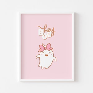 Hey Boo Cute Ghost Art | Pink Halloween Decor | Kids Halloween Wall Decor | Halloween Nursery Prints | Girls Room Decor Printable Wall Art